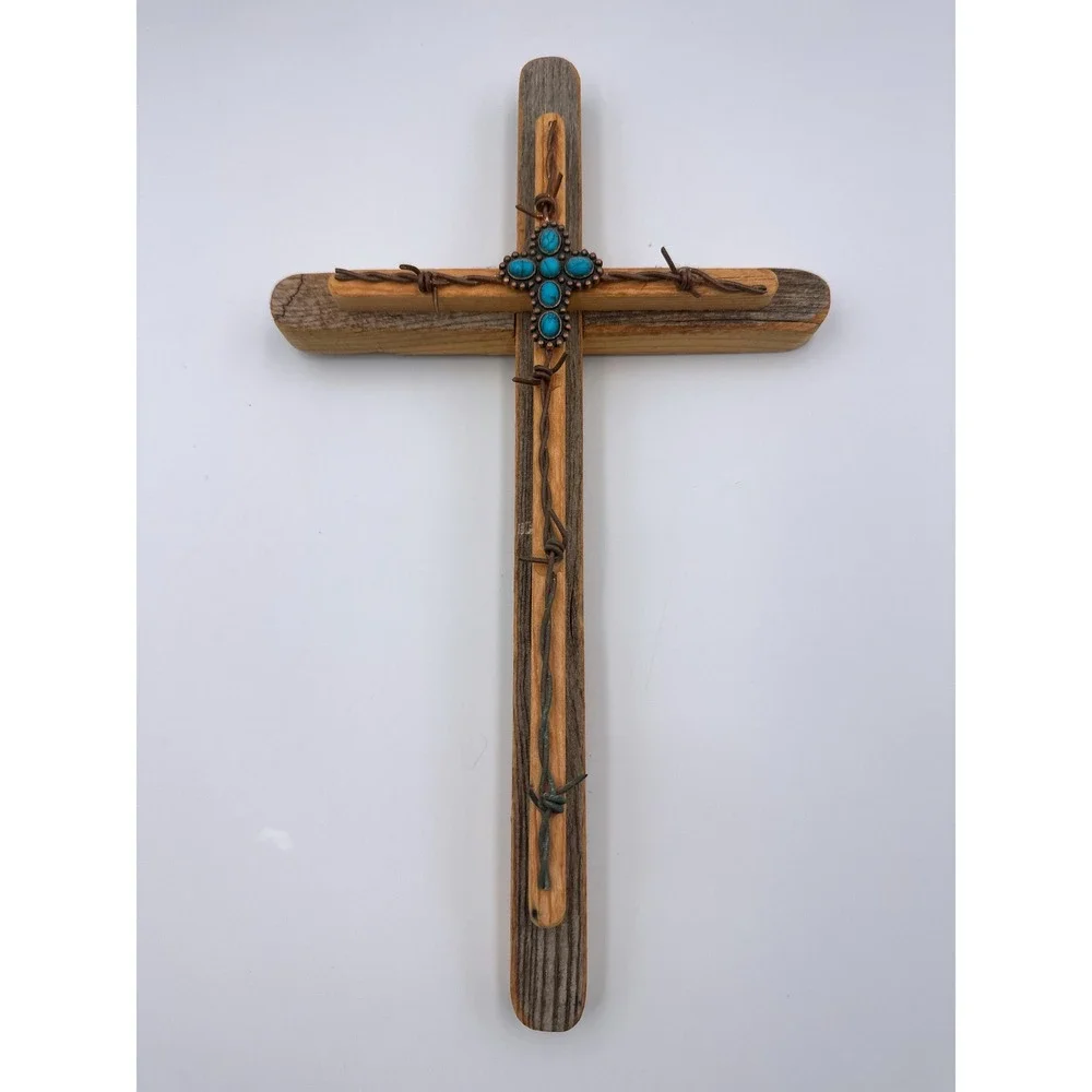 Rustic Wood‎ Cross w/ Turquoise Accent Barbed Wire Detail Hanging Wall Decor 12